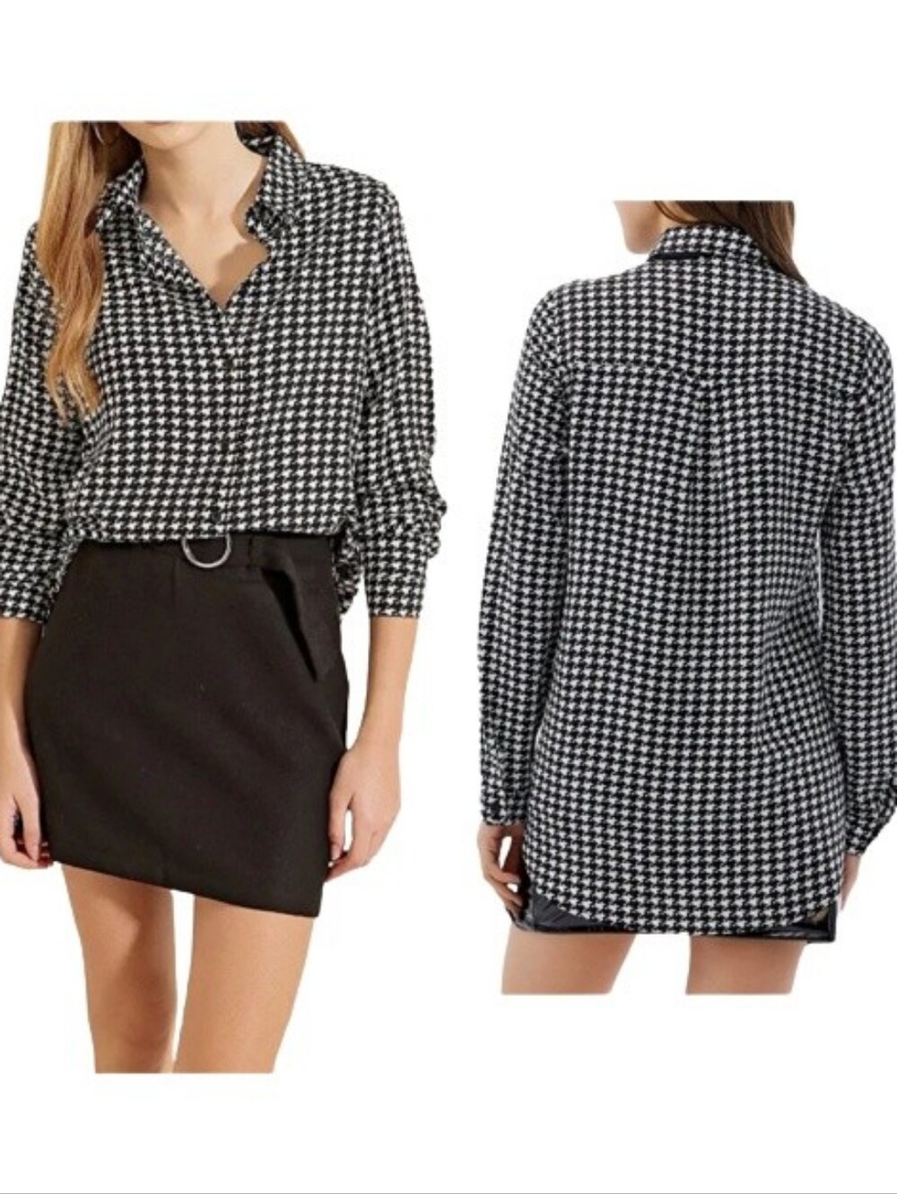 Big Dart Houndstooth Print Button-Up Blouse Black White Classic Posh Chic